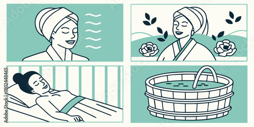 Spa Center Service Flat Vector Illustrations Set – Wellness Treatments, Massage Therapy, Beauty Care, Relaxation Concepts, Health and Spa Procedure Icons Pack