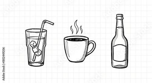 Hand-drawn beverage collection: glass, mug, and bottle on grid background