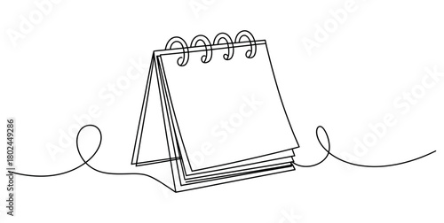 A minimalist line art drawing of a desk calendar with blank pages and a simple coiled wire binding.