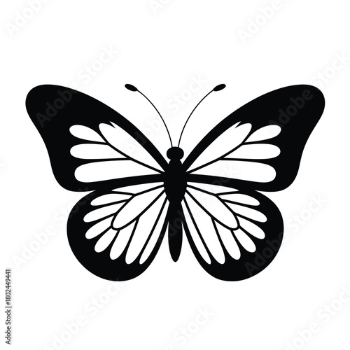 A captivating butterfly illustration, isolated on, showcasing symmetrical wing patterns and delicate antennae in a minimalist black and white design, perfect for naturethemed projects