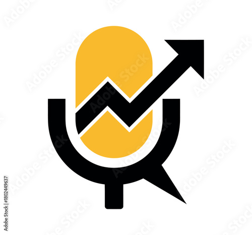 A stylized microphone icon with an upward trending graph superimposed, symbolizing podcast growth and success.