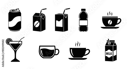 Black and white beverage icons: cups, bottles, and cartons