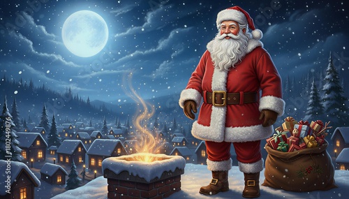 Santa claus stand on the roof top   with gifts 