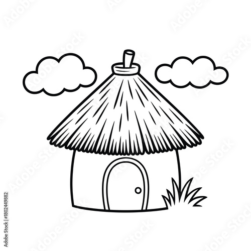 Illustration of a cartoon hut with thatched roof and clouds isolated on black and white outline drawing of a house for a coloring book or page