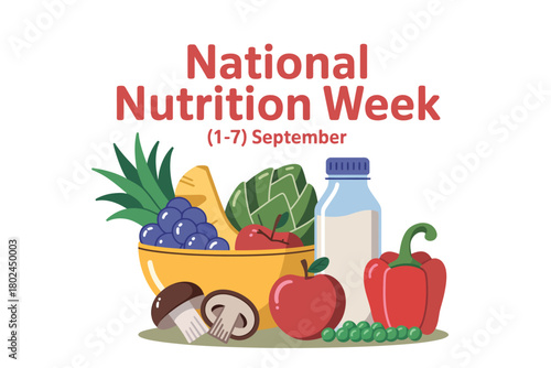 National Nutrition Week celebrates healthy eating with an assortment of fresh fruits, vegetables, and dairy products displayed together.
