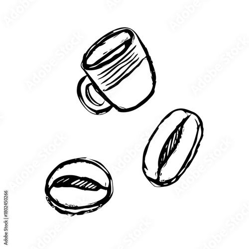 Hand drawn coffee bean and cup isolated on illustration