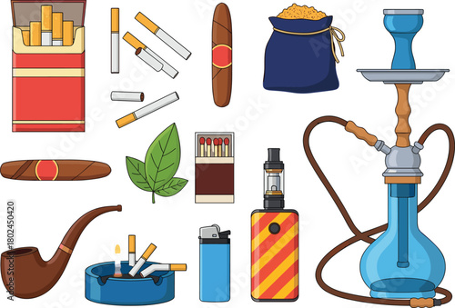 Smoking items illustration, cigarette pack, cigars, tobacco leaf, ashtray, lighter, vape device, hookah, pipe, matches, nicotine products, cartoon style