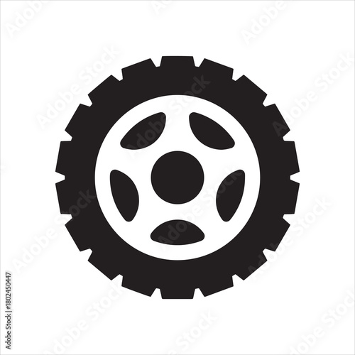 Off-Road Car Tire and Wheel Rim Vector Icon Black Silhouette Isolated on White