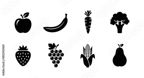 Essential fresh produce icons: simple silhouette set of fruits and vegetables