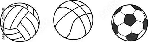 Sports balls illustration, volleyball, basketball, soccer ball, vector design, athletic equipment, game icons, black lines, white background, flat style, competition
