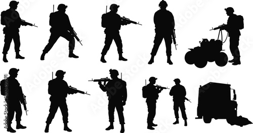 Soldier silhouette, military, army, rifle, weapon, combat, war, defense, tactical, armed forces, patrol, battle, security, infantry, squad, warfare, training, operation, mission, vector, illustration