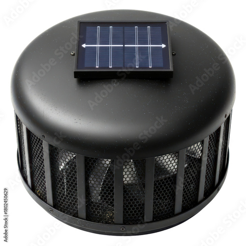 Black solar-powered attic fan for roof ventilation isolated on a transparent background