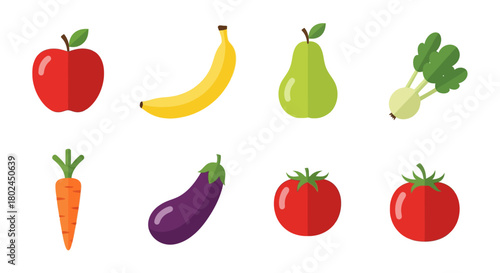 Colorful flat fruits and vegetables icons set with apple, banana, pear, and more
