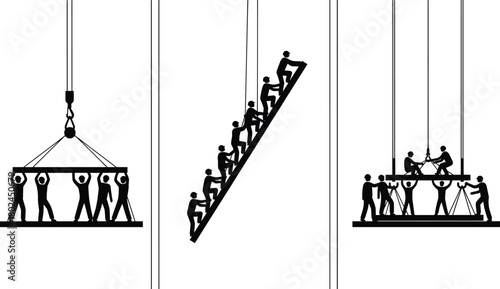 Teamwork illustration, collaboration concept, group effort, leadership, progress metaphor, business teamwork, people working together, climbing success, planning strategy, cooperation, productivity