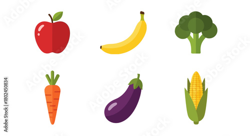 Colorful flat icons of fruits and vegetables with apple, banana, broccoli, carrot, eggplant, and corn
