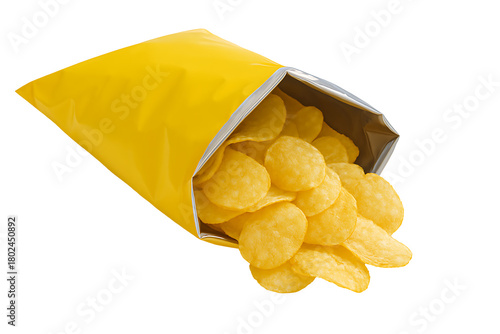 Open yellow potato chips bag isolated on black background showing crispy snack food concept symbolizing taste crunch fast food and leisure snacking moment in modern lifestyle