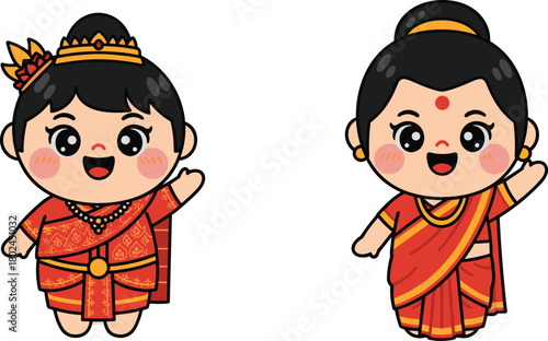 Traditional, culture, cartoon, character, Thai dress, Indian saree, costume, heritage, festival, celebration, fashion, ethnic, clothing, illustration, Asia, diversity, 