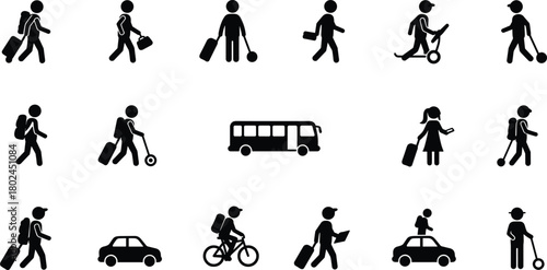 Travel silhouette illustration, transportation vector icons, people with luggage, bus car bicycle design, commuting graphic, urban mobility, journey concept art
