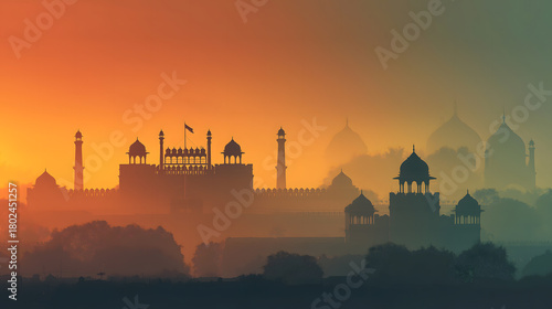 Silhouettes of Indian Monuments Red Fort, Taj Mahal, and Gateway of India on Sunset Background