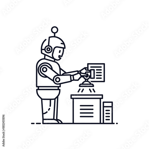A minimalist line art icon of a futuristic robot scanning a document for data processing and automation.