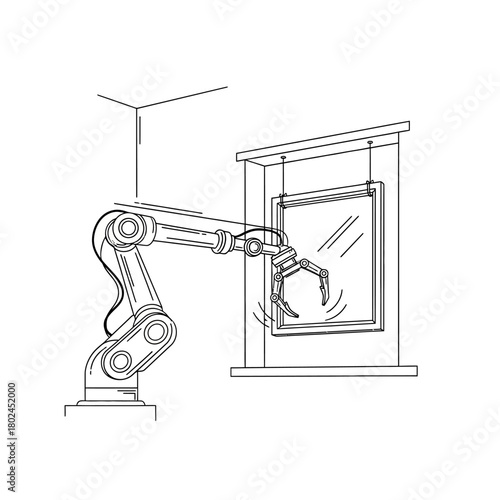 Automated robotic arm with open claw gripper interacting with a display screen, technical line drawing.