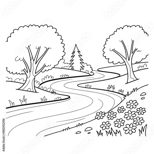 A winding road leads through a picturesque landscape with trees and flowers, creating a serene and inviting scene isolated on