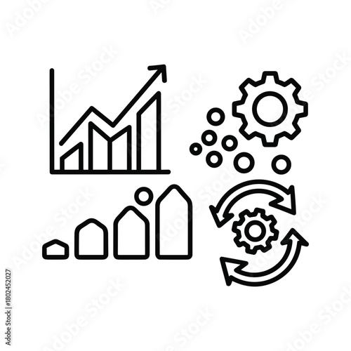 Black and white line icon representing calculation of purchase cost with a calculator, dollar sign, and shopping cart isolated on
