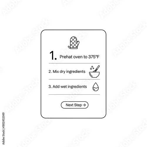 Baking Recipe Step-by-Step Guide with Oven, Mixing, and Ingredients Icons.