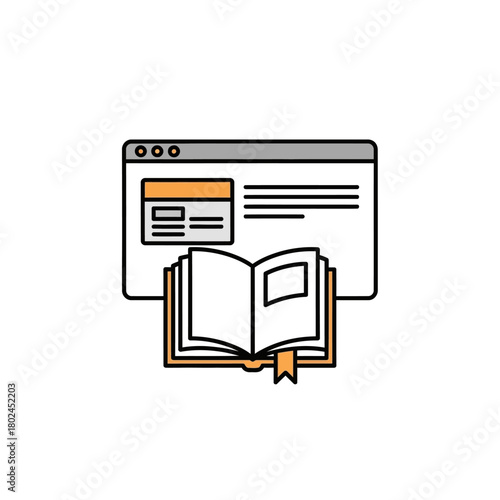 Flat line art icon of an open book with a bookmark in front of a simple web browser window.