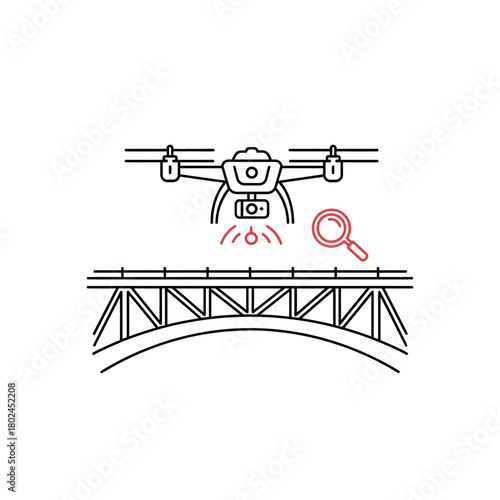 Drone Inspecting Bridge - Line Art Illustration of Aerial Inspection with Magnifying Glass.