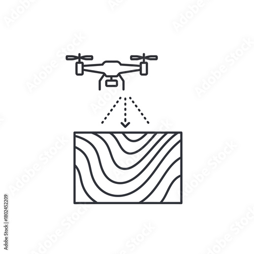 Drone surveying a rectangular surface with wavy lines, using dotted lines for scanning.
