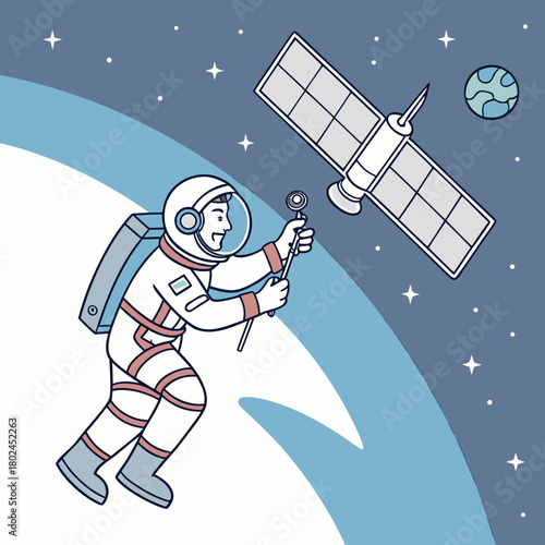 Astronaut performing maintenance on a satellite in orbit near earth