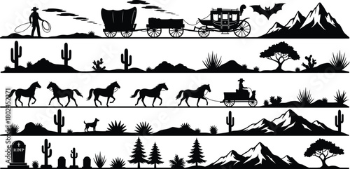 Wild, west, cowboy, silhouette, horse, wagon, stagecoach, cactus, desert, mountain, graveyard, landscape, western, frontier, vintage, culture, illustration, black, vector, design