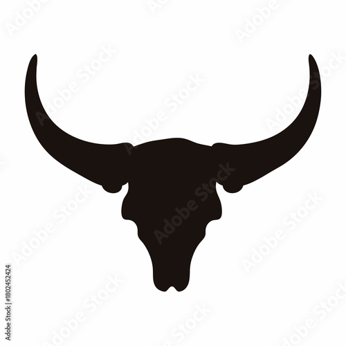 Black silhouette of a bull skull with long horns on white background