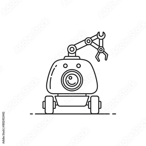 Line art service robot with camera eye, articulated arm, gripper, and wrench on wheels.