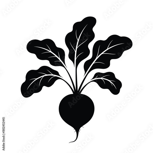 Striking black silhouette of a beet plant with lush leaves, isolated on, showcasing the vegetables natural beauty and earthy charm in a minimalist design