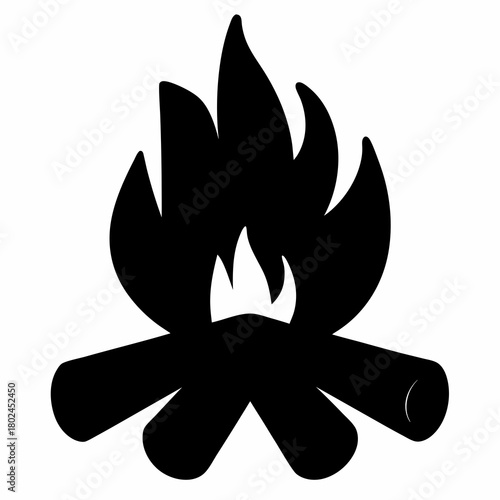 Stylized campfire silhouette with logs and bright flames, representing warmth