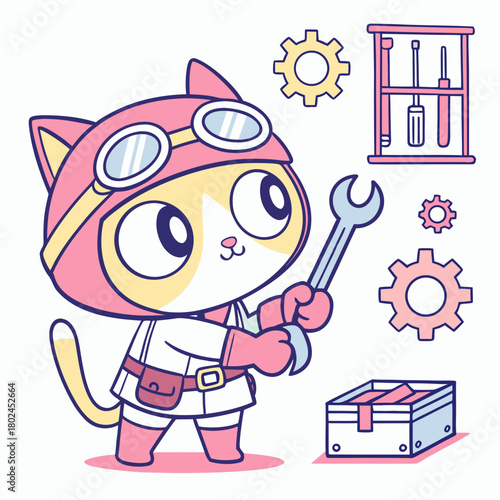 Cute cat mechanic wearing goggles holding a wrench