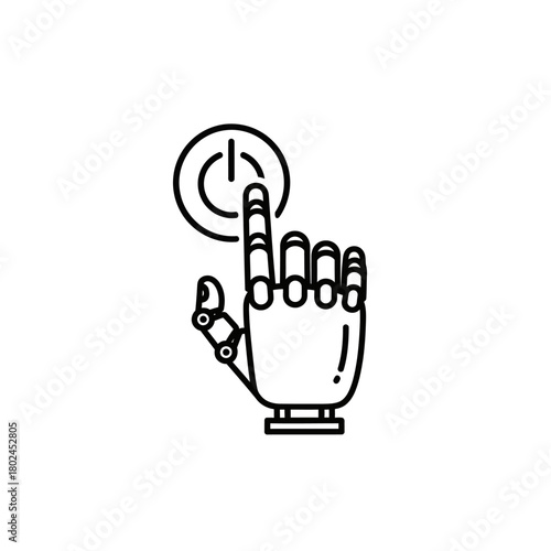 Robotic Hand Activating Power Button Icon with Articulated Fingers.