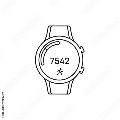 Round fitness tracker smartwatch line icon with a step counter display and walking symbol.