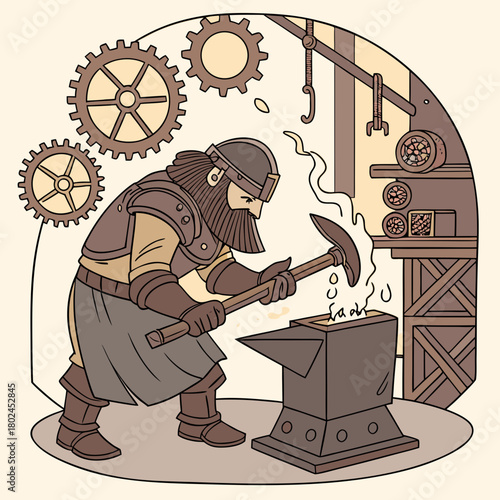 Dwarf blacksmith forging metal with hammer on anvil