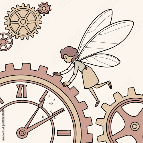 Fairy interacting with steampunk clockwork gears and time