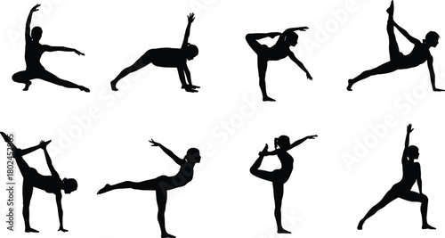 Yoga dance silhouettes, fitness exercise, body balance, flexibility training, wellness lifestyle, meditation practice, strength movement, healthy living, posture control, relaxation