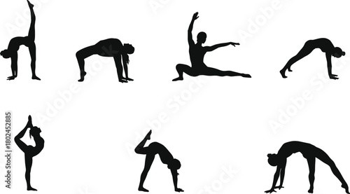Yoga and dance silhouettes, fitness exercise poses, flexibility training vector, balance strength illustration, wellness lifestyle design, meditation practice, healthy body artwork