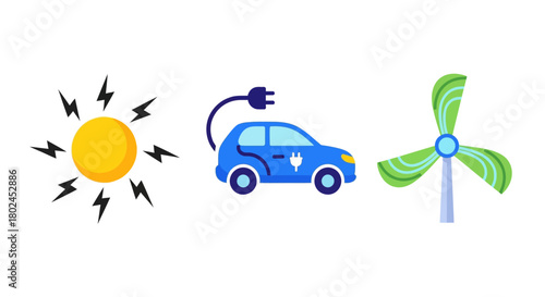 Renewable energy symbols: solar, electric vehicle, wind turbine icons
