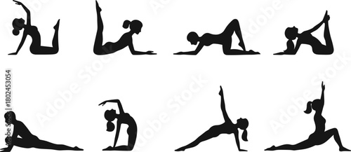 Yoga poses, meditation practice, fitness exercise, body balance, stretching silhouette, healthy lifestyle, wellness concept, flexibility training, spiritual discipline, physical strength