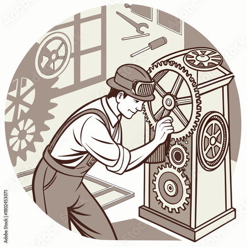 Mechanic adjusting intricate clockwork machinery in a vintage workshop
