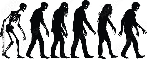 Zombie evolution silhouettes, skeleton transformation, horror undead figures, scary walking monsters, creepy character design, Halloween illustration, spooky vector art, apocalypse concept