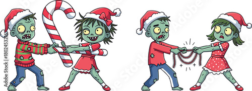 Zombie, children, Christmas, cartoon, illustration, holiday, tug, war, candy, cane, beads, Santa, hat, funny, creepy, festive, Halloween, costume, undead, playful