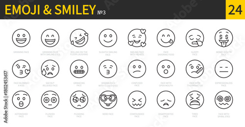 Emoji & smiley icon set. Emotion, smile, emoticon, grinning, laughing, blowing a kiss, smiling, sleepy, sad, kissing, disappointed, money-mouth, tired face, etc. Vector illustration. Editable stroke.